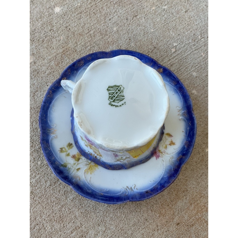 Vtg Weimar Germany Teacup/Saucer Cobalt Blue/Gold Yellow Floral Porcelain China - Picture 4 of 4
